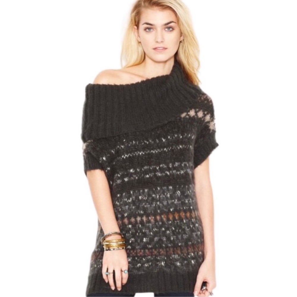 Free People Snow Bunny Fair Isle Gray Cowl Neck Short Sleeve Wool Sweater S - Picture 2 of 9